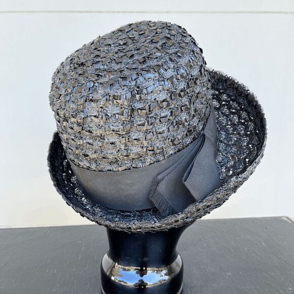 Vintage 50s Black Straw Cloche Hat • Grosgrain Bow, Up-Turn Brim - Picture 6 of 13